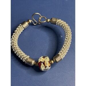 Handmade Murano Style Glass Bead Bracelet • Woven Chain Links • 7.5" Hook Clasp